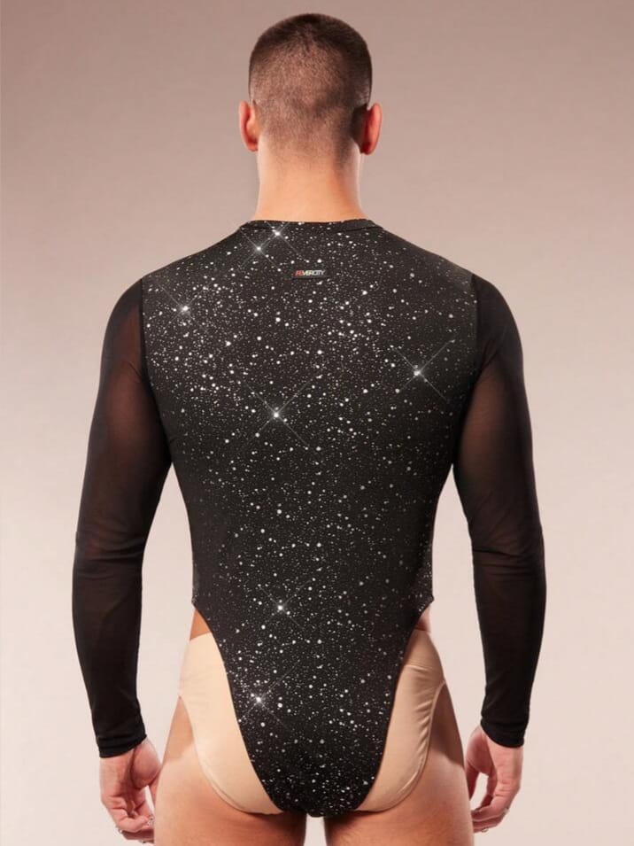 CRYSTAL-CITY Men's Shinny Mesh Patchwork Long Sleeve Bodysuit